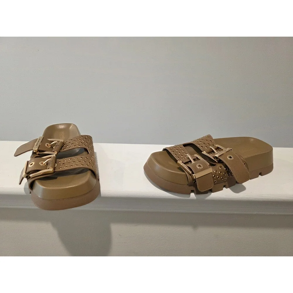Womens sz 6 B Michael Kors Colby Flat Sandal Tan Leather Studded Platform‎ Slide
